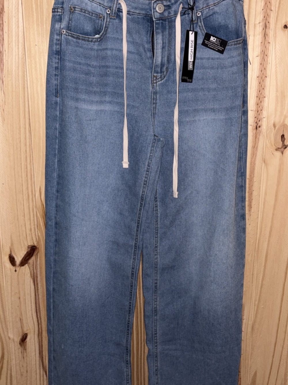 Women's Light Blue Straight Leg Jeans with Drawstring Waist